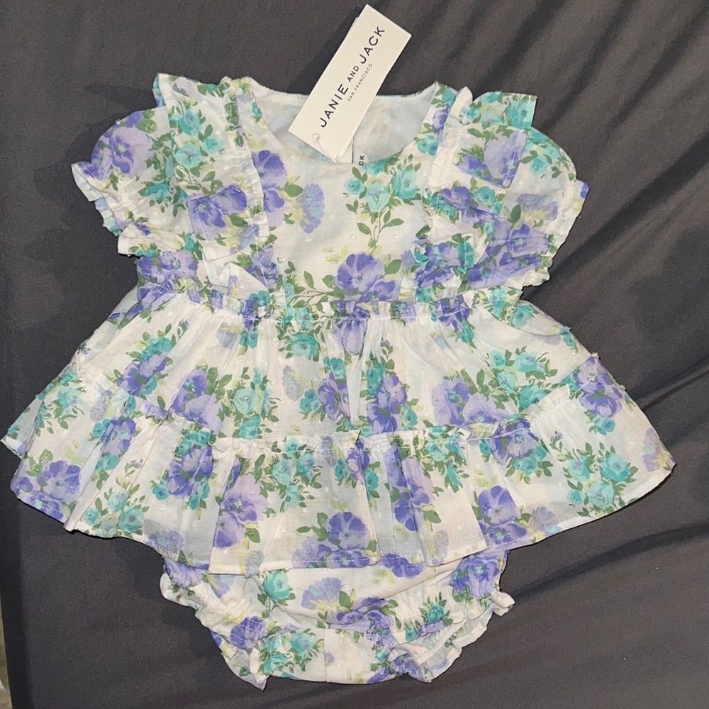 Spring Sale-New Janie & Jack Floral Ruffle Dress w/Diaper Cover-Blue & Purple